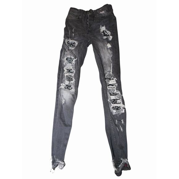 boohooMAN Distressed Skinny Jeans Black Bandana Patchwork Size 28 X 30 - Picture 2 of 6